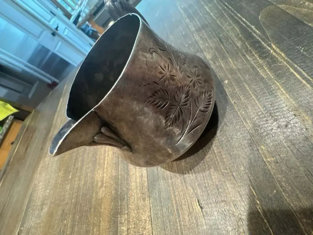 Antique Silver Plated Creamer Pitcher with Etched Floral Design and Ornate Handl